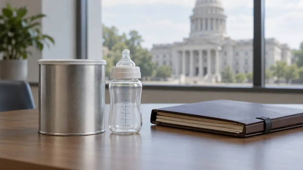 Unbranded infant formula container, baby bottle and legal folder on an office table