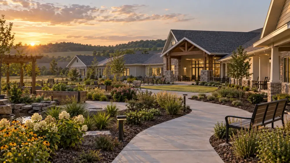 Illustrative modern veterans skilled nursing campus with accessible paths and a landscaped courtyard in West Tennessee