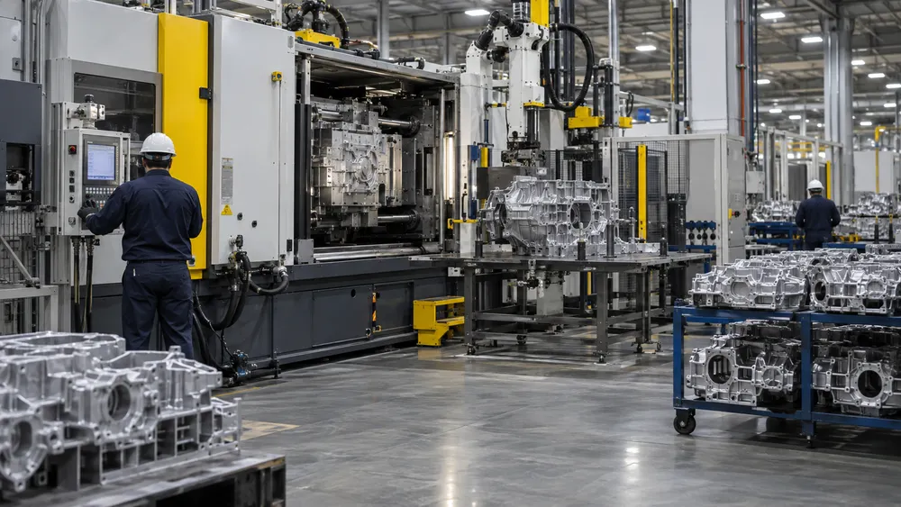 A modern die-casting factory floor with industrial machinery, metal components and anonymous workers in protective equipment.