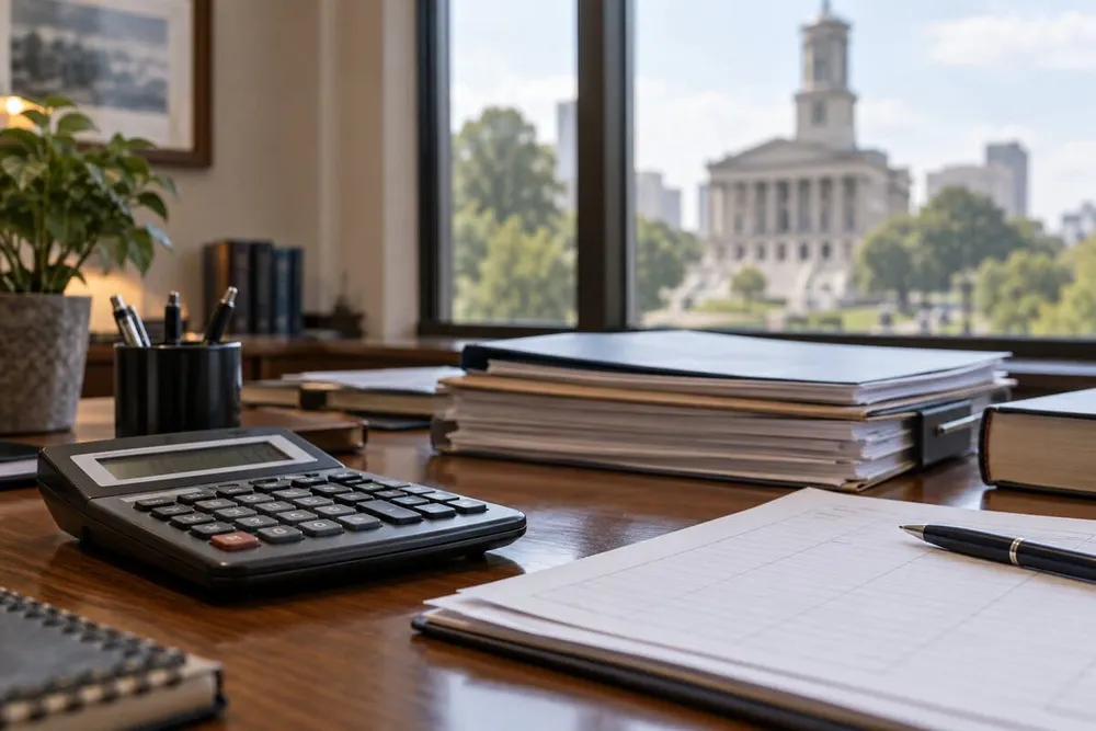 Conceptual state finance workspace with a calculator and blank budget documents near a government office