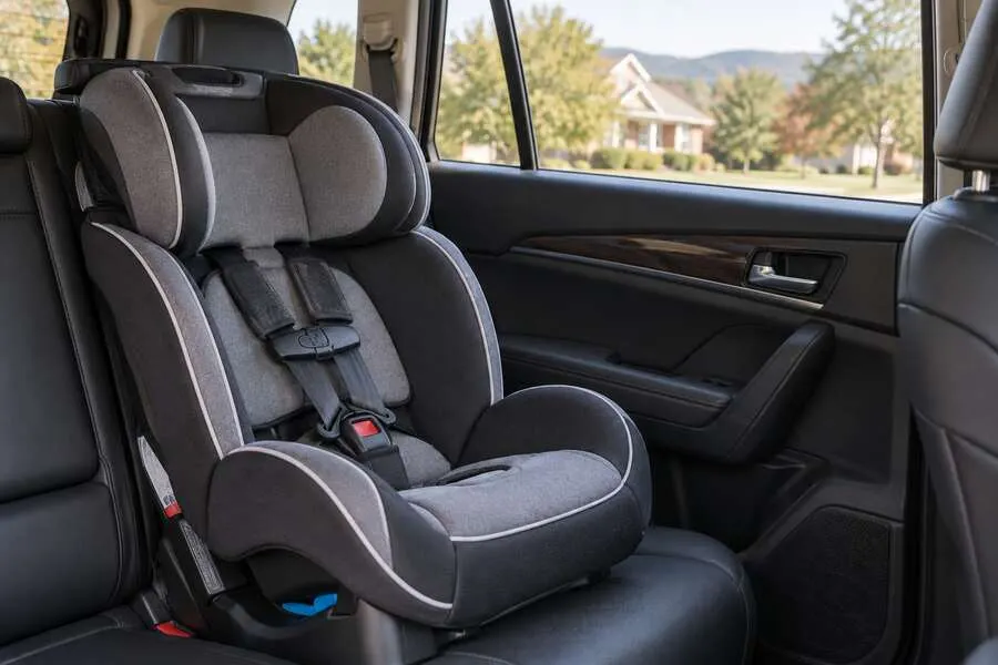 A properly installed child safety seat in the rear of a parked family vehicle under soft natural daylight