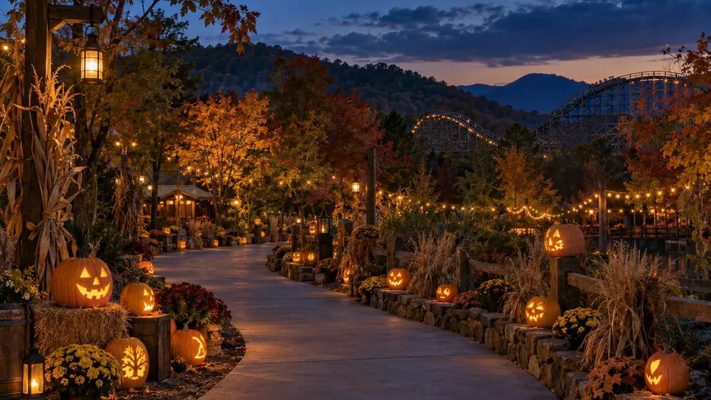 Illustrative autumn amusement park path lined with glowing pumpkins in the Smoky Mountain foothills at dusk