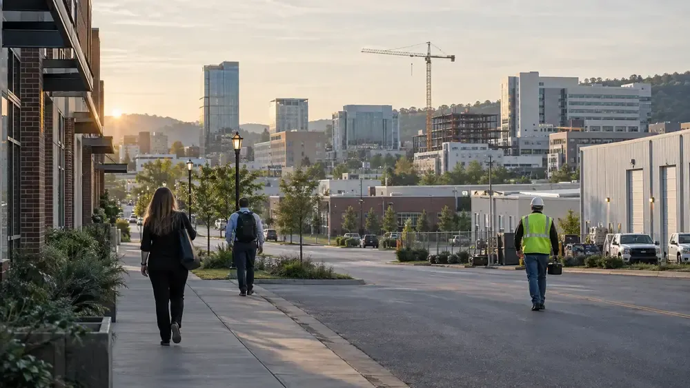 Workers walking through a Tennessee commercial district with construction and health care buildings