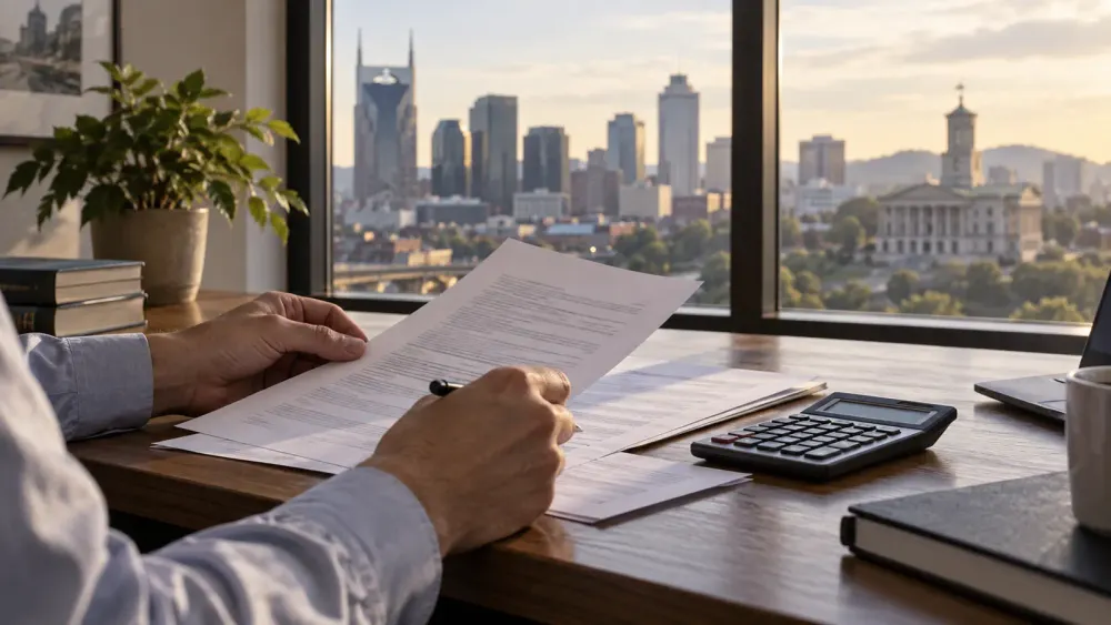 Anonymous hands review loan documents beside a calculator in an office overlooking the Nashville skyline.