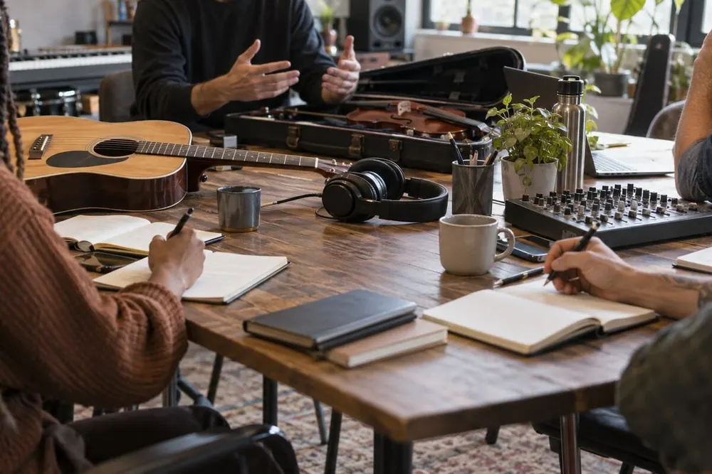 Editorial illustration of anonymous music professionals discussing plans around a studio table with instruments and notebooks