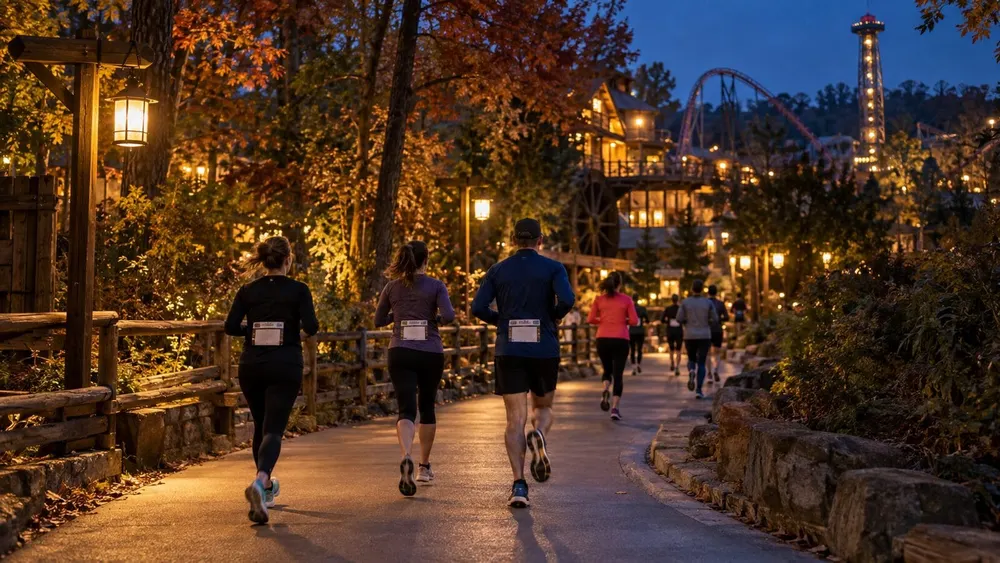 Anonymous runners moving along a warmly lit theme-park path in Tennessee at night