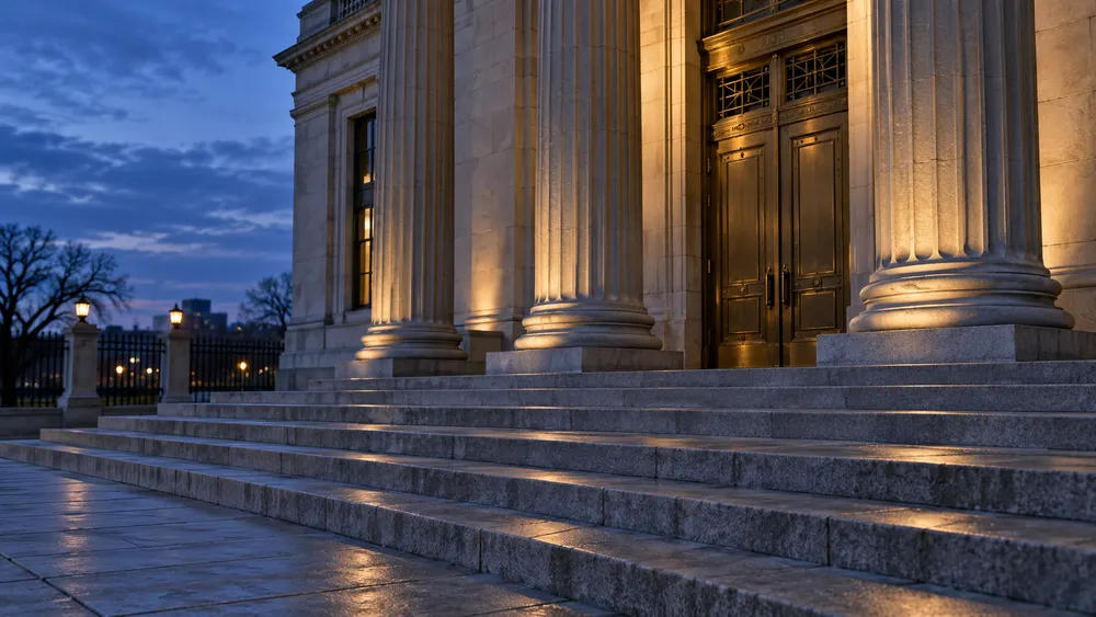 Illustrative view of closed courthouse doors at dusk, representing the Tennessee capital-case ruling.