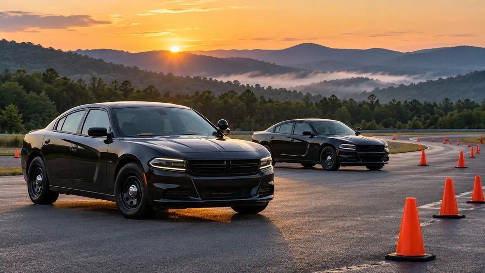 Unmarked patrol sedans on a driver-training course against wooded Tennessee hills.