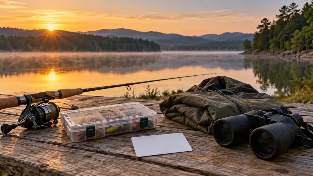 Fishing gear, binoculars and a blank permit card beside a Tennessee lake at sunrise.