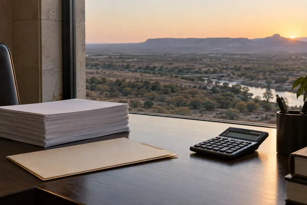 Generic government finance desk with a calculator, blank budget papers and a dry Texas landscape beyond the window