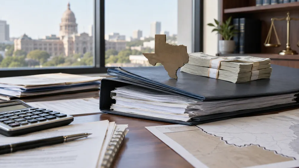Illustrative Texas public-finance workspace with budget folders, calculator and a small state-shaped object.