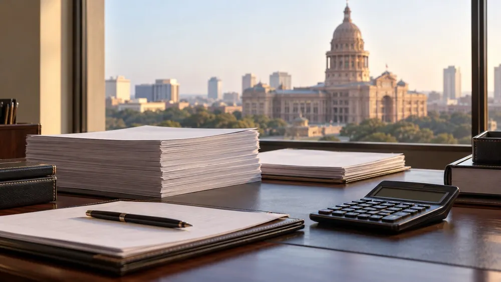 Blank budget papers and a calculator on a government finance desk with the Texas State Capitol softly blurred in the background.