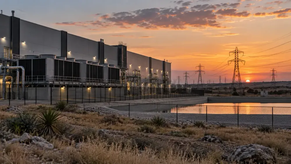 Illustrative Texas data center at dusk beside cooling equipment, transmission lines and a water basin.