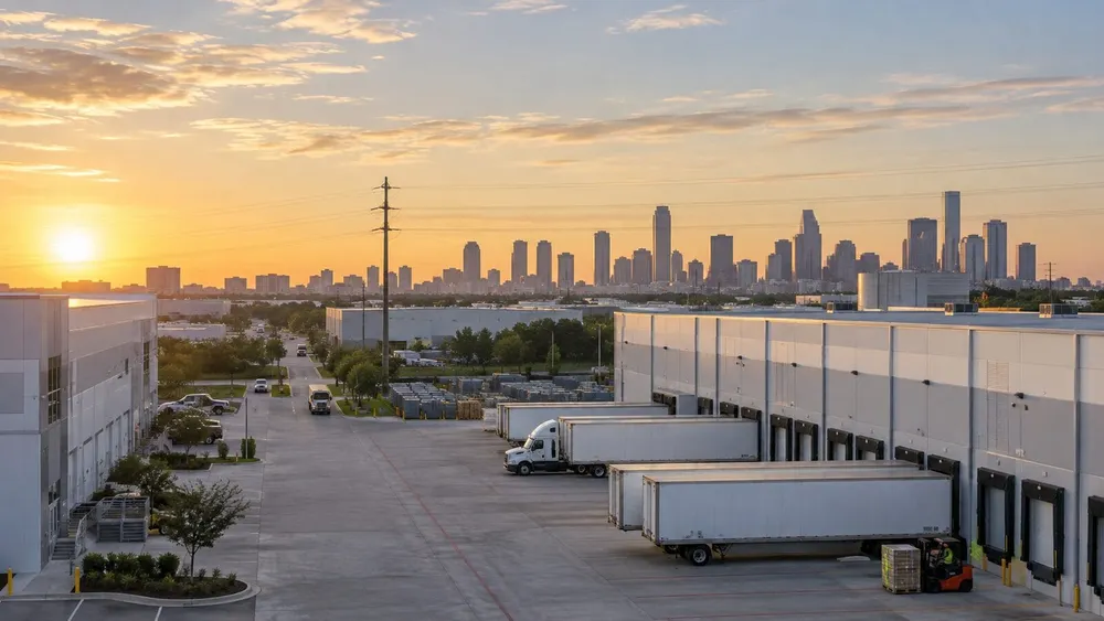 Warehouses, loading docks and trucks in a Texas industrial district at sunrise