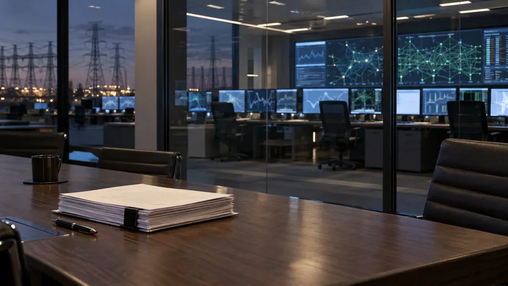 Conceptual view of unsigned contract papers in a conference room overlooking an electric-grid control center