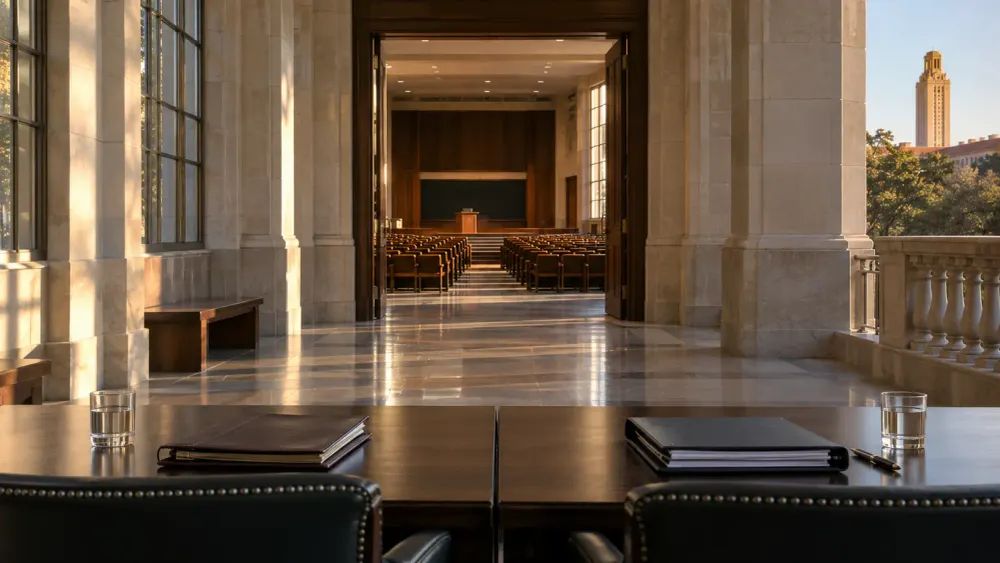 Empty counsel tables facing a university lecture hall in a symbolic editorial scene about campus speech litigation