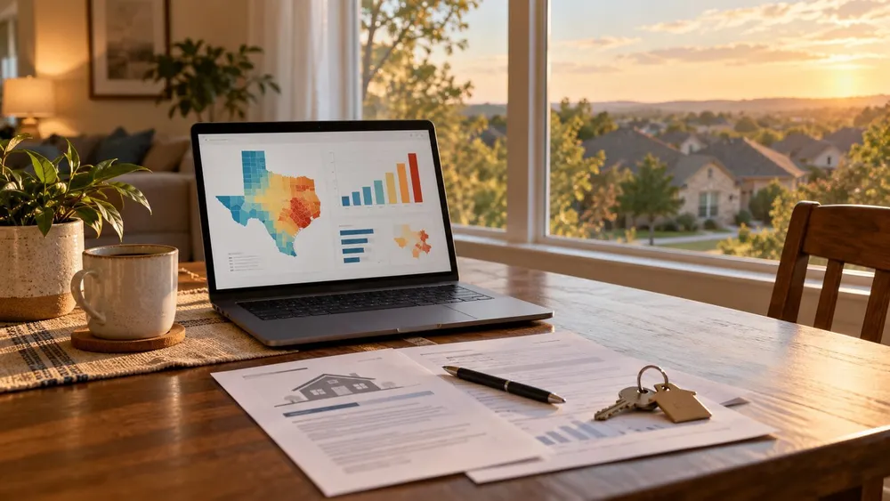 A laptop with generic insurance charts beside home documents in a Texas suburban house