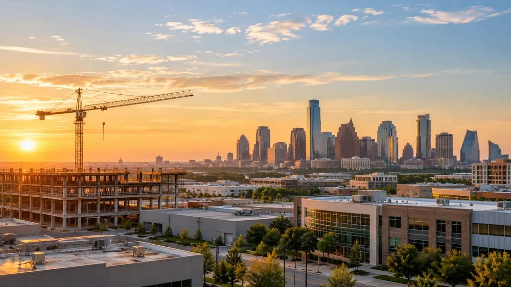 A generic Texas business district and construction site at sunrise, illustrating statewide employment growth.