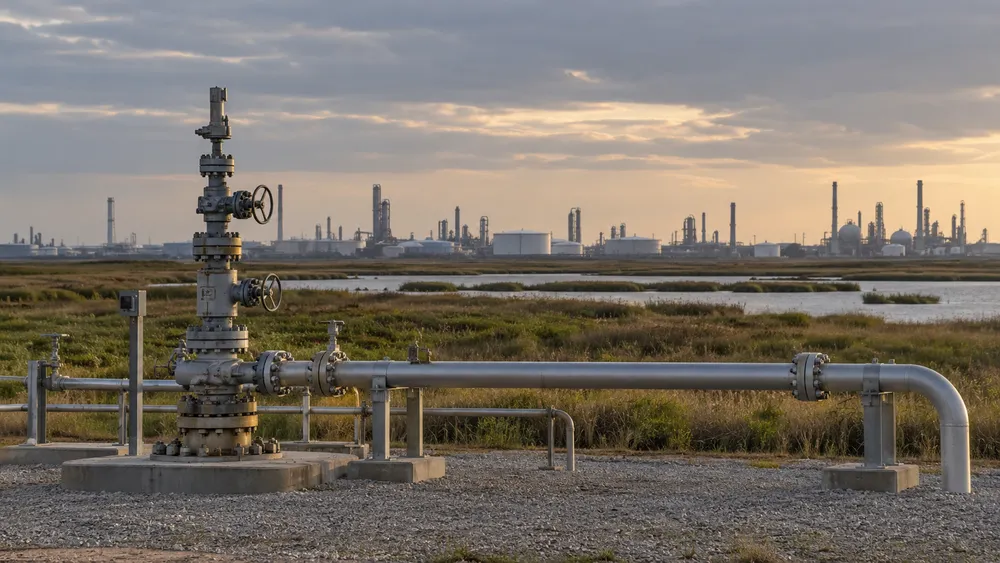 Illustrative view of unbranded pipeline and well equipment beside a Gulf Coast industrial corridor