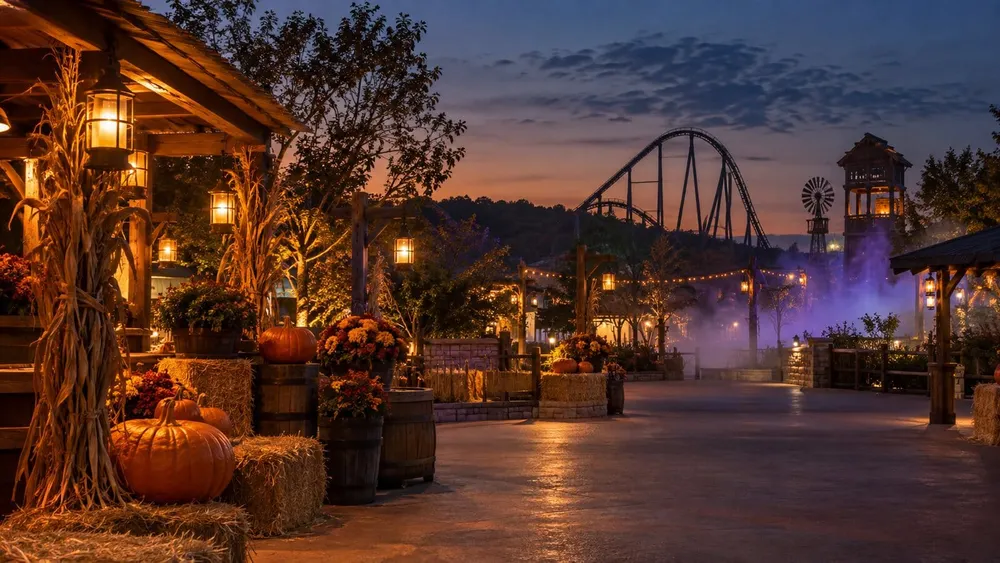 A generic Texas amusement-park midway at twilight with pumpkins, autumn lanterns, a distant roller coaster and theatrical fog