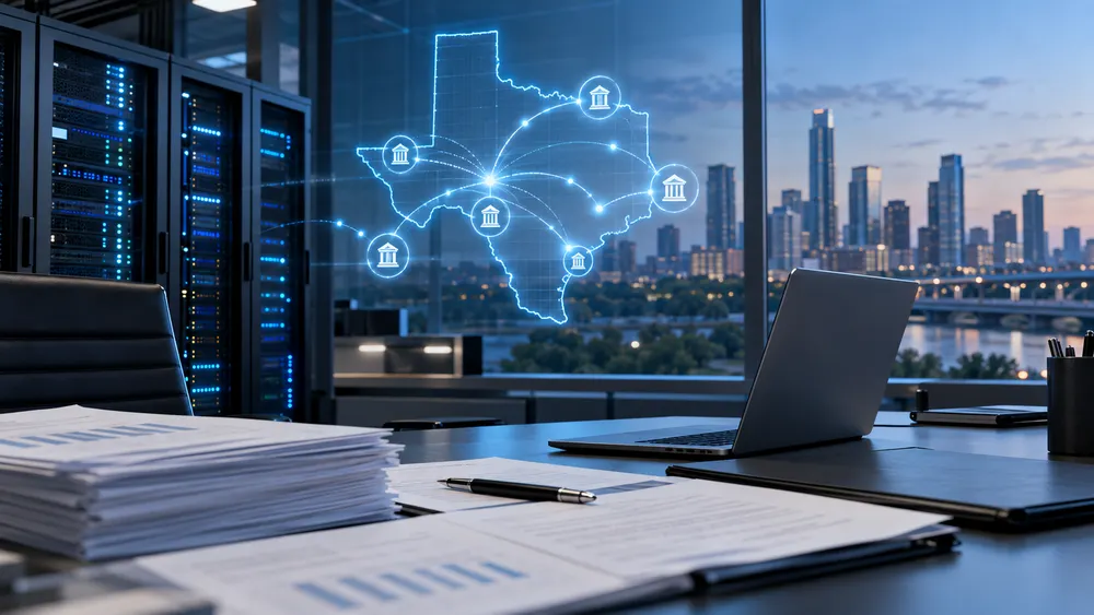 Conceptual Texas treasury operations workspace with secure servers, payment documents and statewide electronic banking connections.