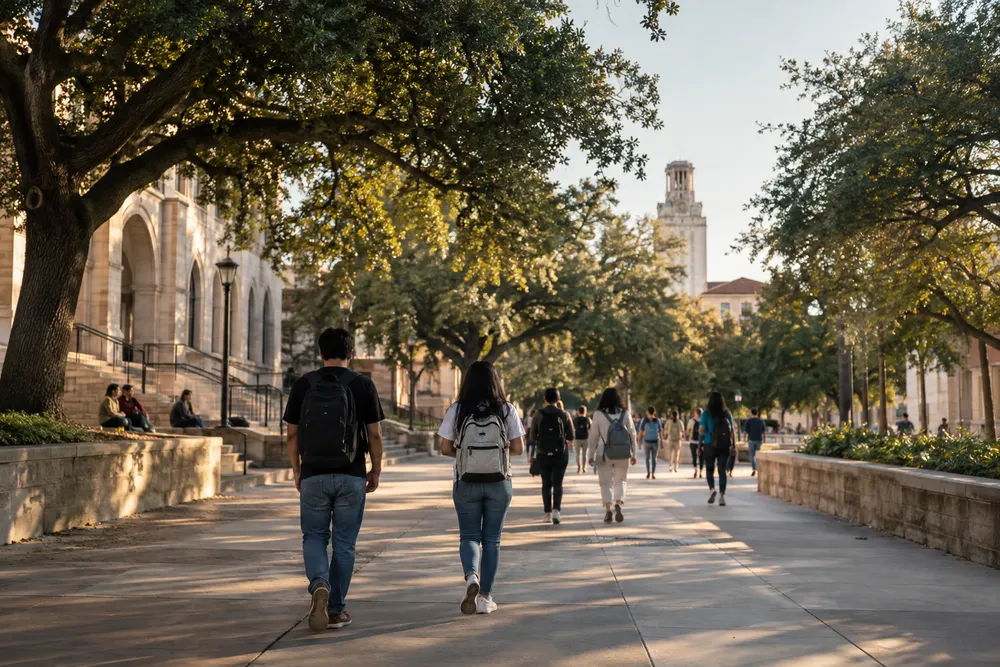 Students walk across a modern Texas university campus beneath live oak trees.