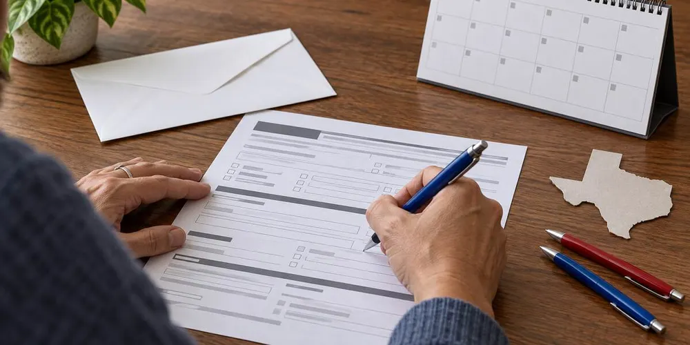 An illustrative voter-registration form, blank calendar, envelope and Texas-shaped cutout on a wooden desk.