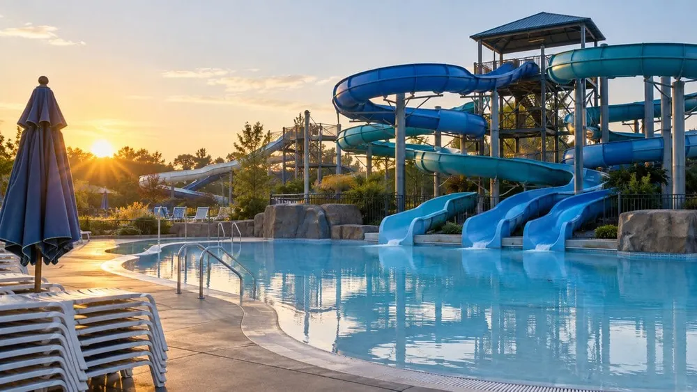 Empty blue water slides and a calm splash pool at sunrise