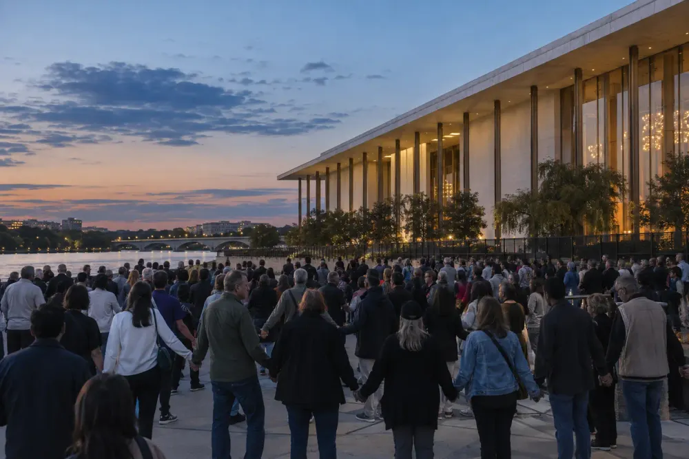 A peaceful crowd forms a human chain outside a waterfront performing arts center at dusk.