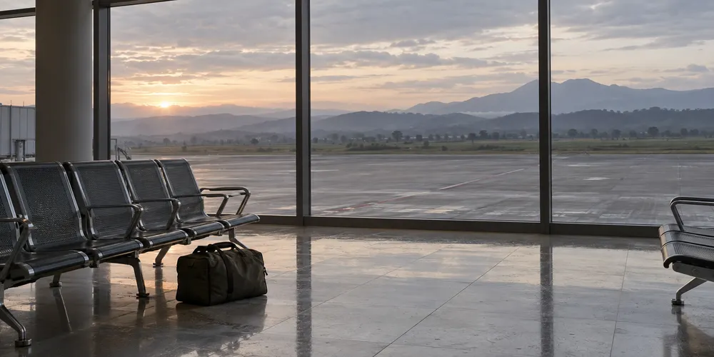 An empty regional airport departure hall overlooking a quiet runway at dawn