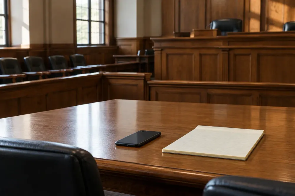 An empty courtroom with an unbranded smartphone and blank legal pad on a counsel table.