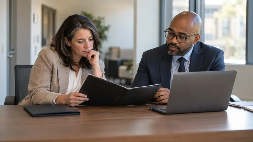 Two education compliance administrators review policy procedures at a conference table.