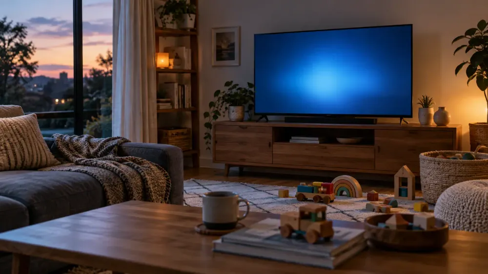 Wooden toys arranged in a living room facing a television with a soft blue screen at dusk