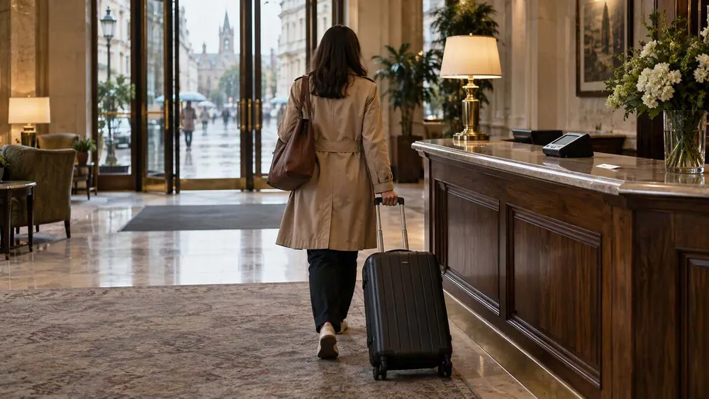 An anonymous traveler rolls a suitcase through an unbranded British hotel lobby on a rainy day.