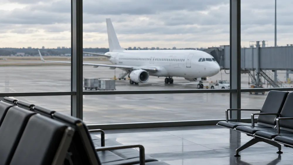 AI-generated illustrative view of an unbranded passenger jet beyond an airport terminal window; not a photograph of a specific aircraft or event.