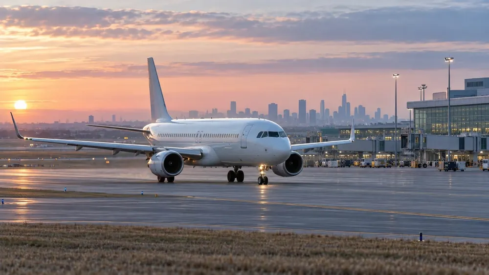 An unbranded passenger jet taxis beside an airport terminal at dawn