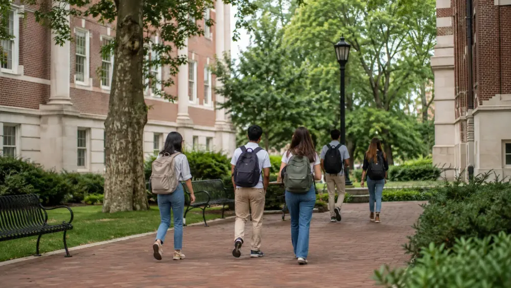 Students walking between brick academic buildings on an unbranded private college campus in natural daylight