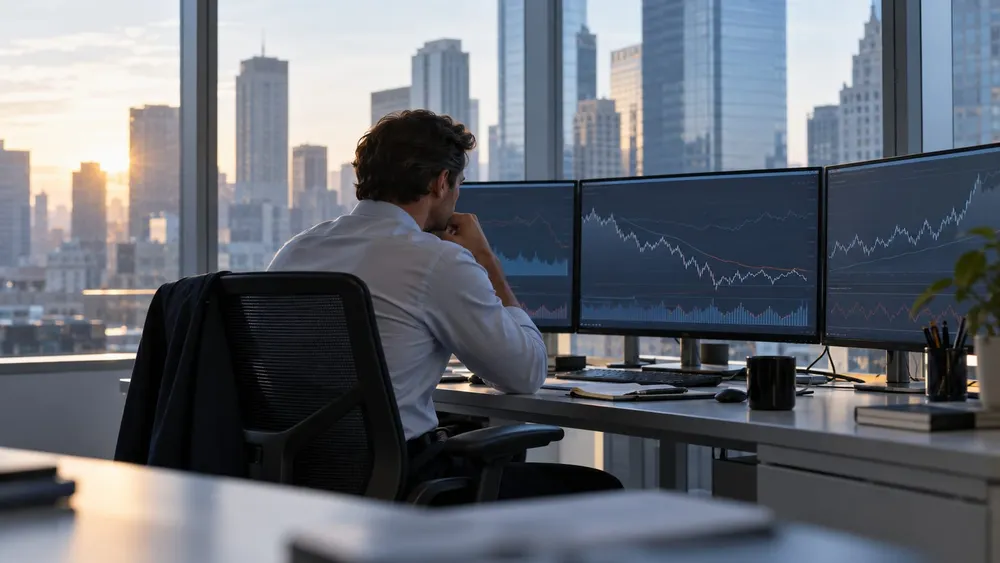 An analyst studies market charts on unbranded monitors in a naturally lit financial office.