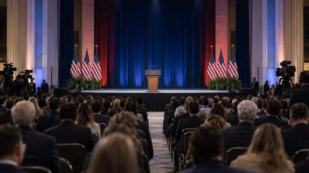 A generic civic convention hall prepared for a major political address, with an empty lectern and press cameras