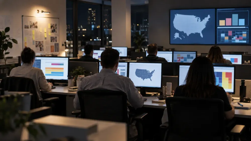 Campaign media buyers reviewing advertising plans on computer monitors in an operations room