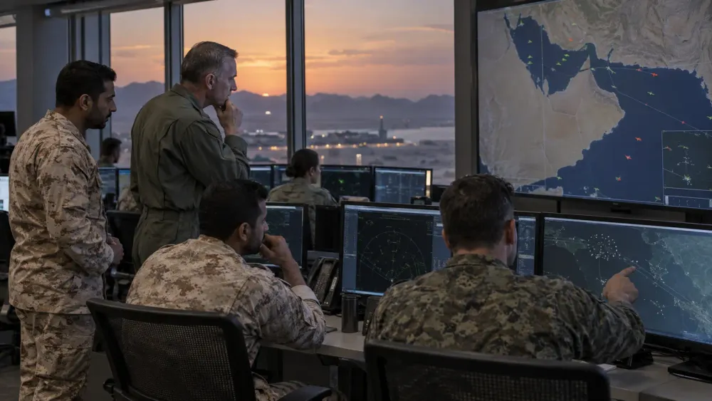 Allied military officers review radar displays in a Gulf-region operations room at dusk.