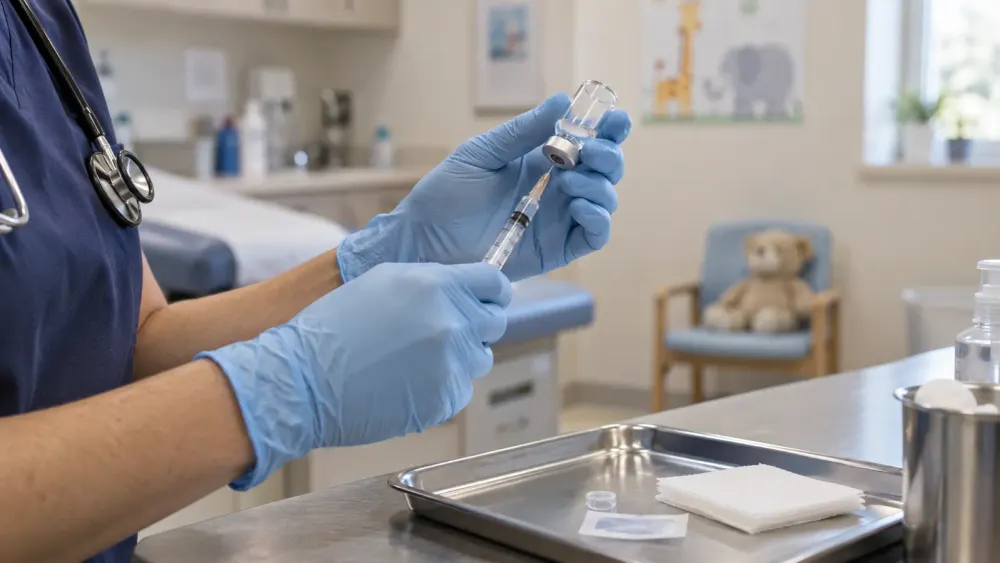 Gloved clinician prepares an unbranded vaccine vial in a pediatric exam room.