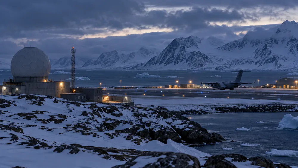 Symbolic Arctic airfield in Greenland with a radar installation, transport aircraft, snow-covered mountains and icy coastal water at blue hour