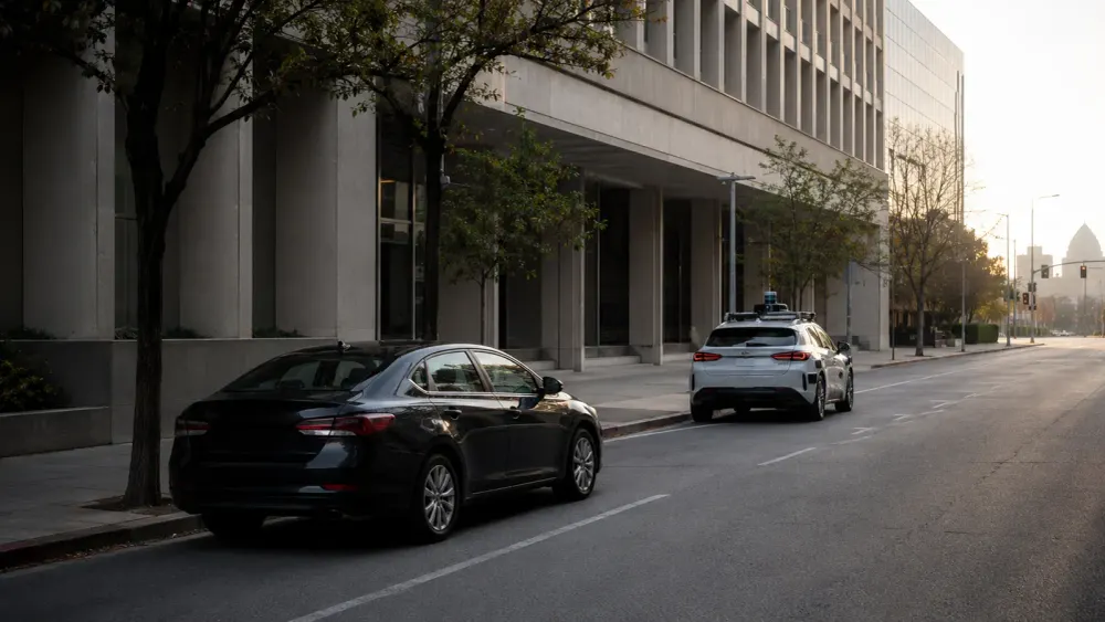 Unbranded conventional sedan and autonomous test vehicle on a quiet city street in natural morning light