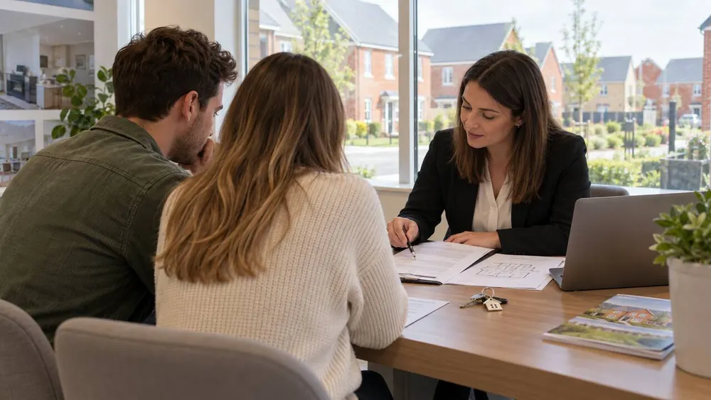 First-time home buyers review mortgage paperwork with an adviser in a new-build sales office.