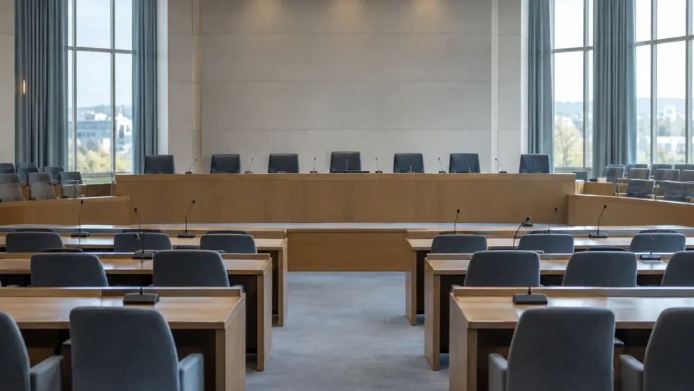 Empty international human-rights hearing room with desks and microphones before a formal session