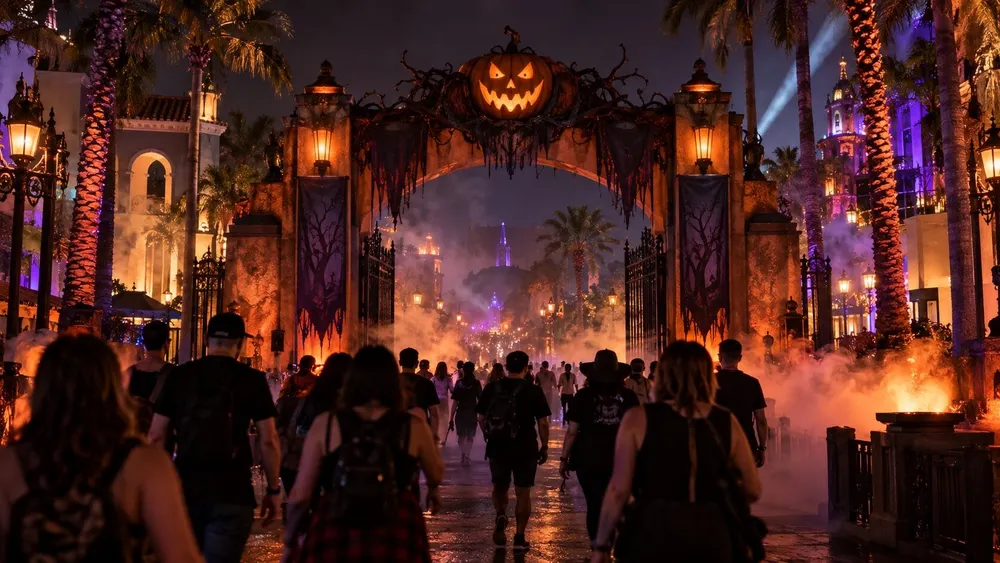 Visitors enter a fog-filled Orlando theme park decorated for a nighttime Halloween event.
