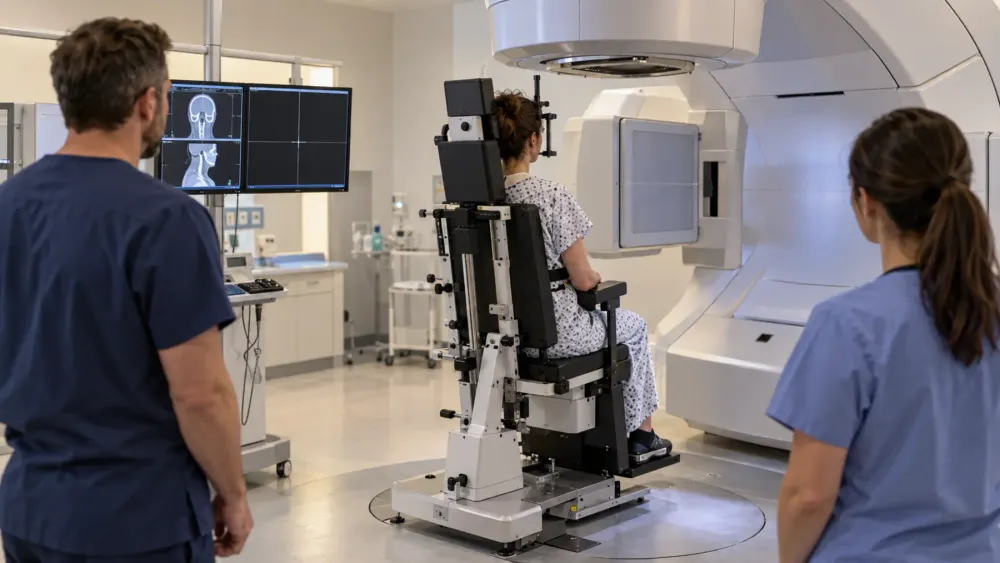 A patient seated upright in a radiotherapy treatment room while two clinicians monitor positioning.