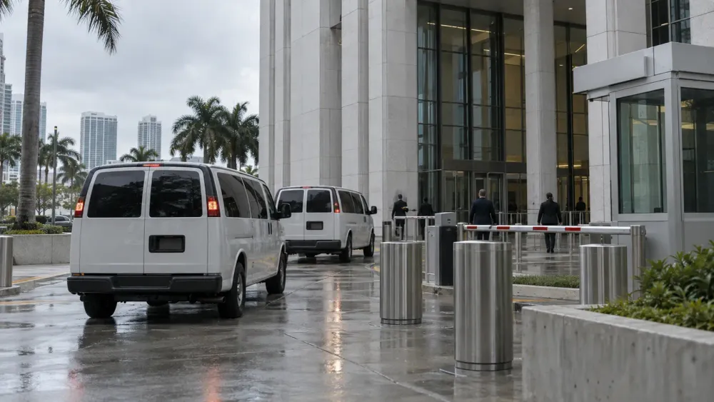 Unmarked transport vans arrive at a federal courthouse entrance in South Florida.