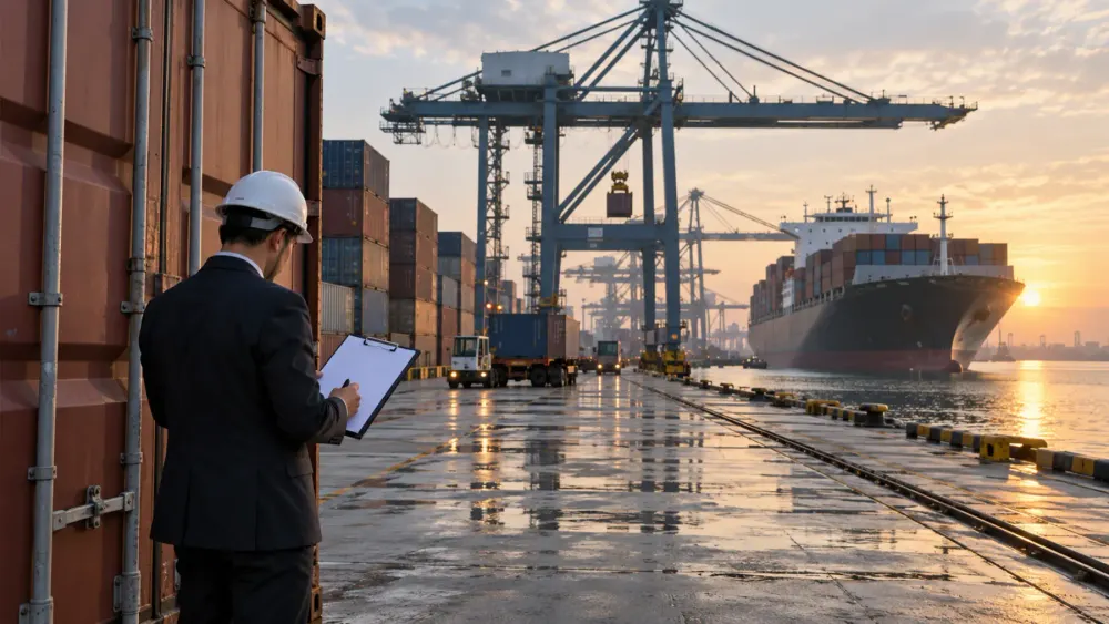 A customs analyst reviews shipping documents at a container port as cargo is unloaded.